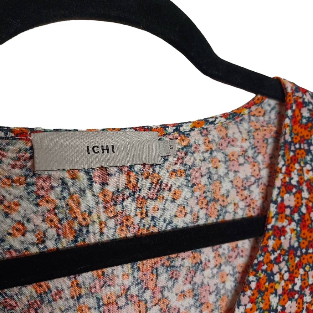 ICHI Orange Red White Colorful Floral Print Short Sleeve V Neck Top Small - Picture 4 of 8